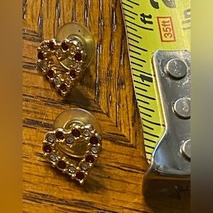 Vintage Avon Sparkling Heart Red & White Rhinestone Gold Tone Stud Earrings